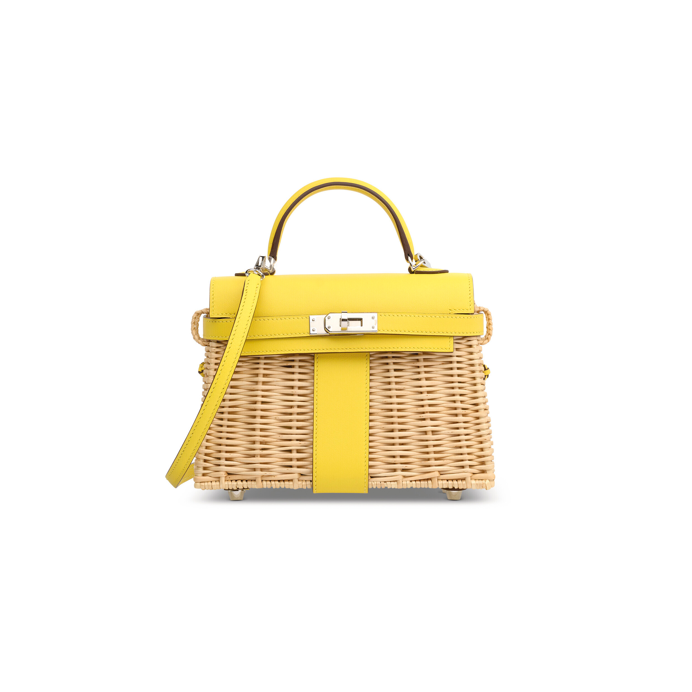 HERMÈS MASTER JAUNE DE NAPLES SWIFT LEATHER & OSIER MINI PICNIC KELLY WITH PALLADIUM HARDWARE (20*14*8cm) 